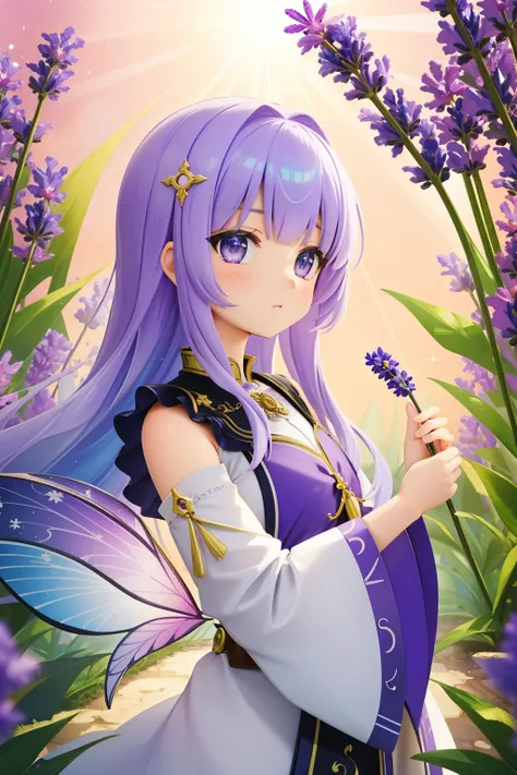 a girl with purple hair and a butterfly wings is standing in a field of purple flowers