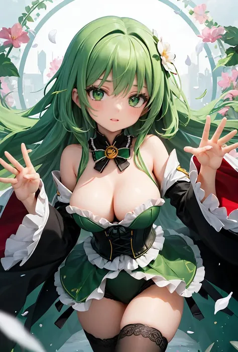 (masterpiece, best quality), 1girl, green hair, ivy hair, green eyes, flying petals, thunder blade, green magic circle, green corset, black thighhighs, sidelighting, light particles, abstract,