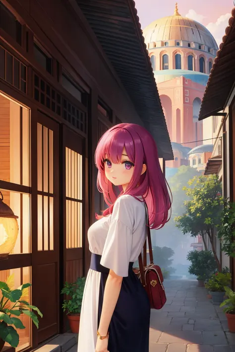 anime girl with pink hair and a white dress standing in a narrow alley