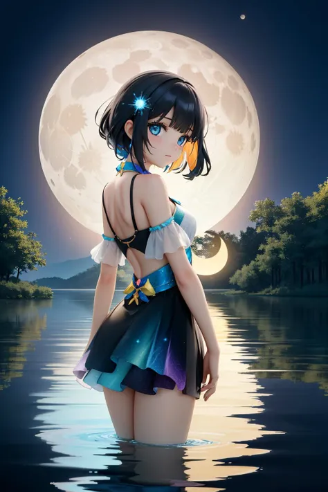 a woman in a dress standing in the water with a full moon in the background