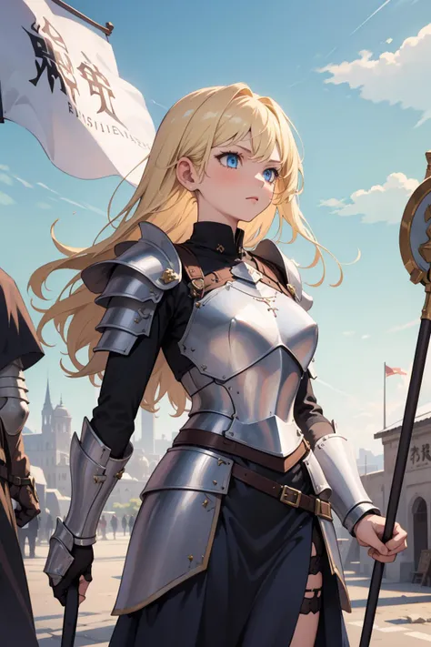 masterpiece, best quality, high quality, novel illustration, 1girl, tall female, mature female, aged up, knight, blonde hair, long hair, blue eyes, tsurime, armor, armored dress, holding staff, banner,