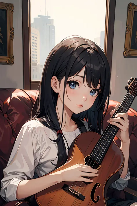 anime girl with guitar sitting on couch in living room with city view