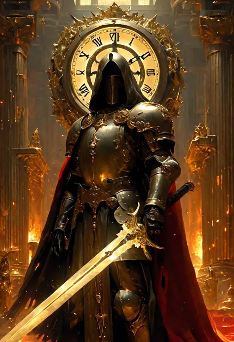 On the foreground, we see the figure of a time guardian holding a glowing sword. Many clocks, symbolizing time, float around him. In the background, faintly visible, theres a massive clock face or hourglass, shielded by the guardians body. The atmosphere o...