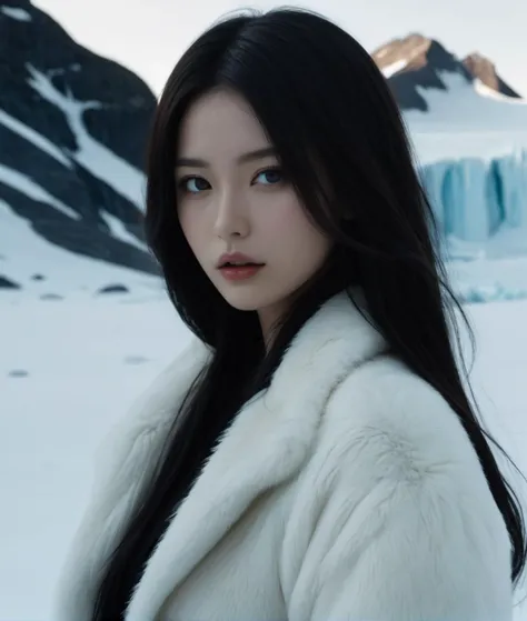 TWbabeXL01, black hair, Shooting a film in the icy wilderness of Antarctica presents a unique and challenging endeavor. The supermodel, dressed in high fashion that juxtaposes the stark surroundings, becomes a striking focal point amidst the vast, frozen e...