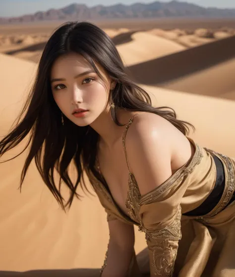 TWbabeXL01, black hair, In the expansive desert, a supermodel effortlessly melds haute couture with the arid landscape. She wears flowing, earth-toned attire that harmonizes with the golden sands, and the desert sun casts her in a warm, golden glow. The wi...