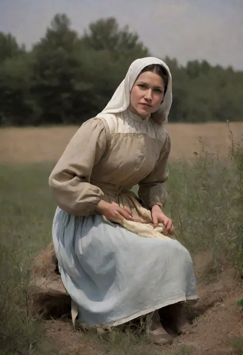 peasant woman sitting on the road 