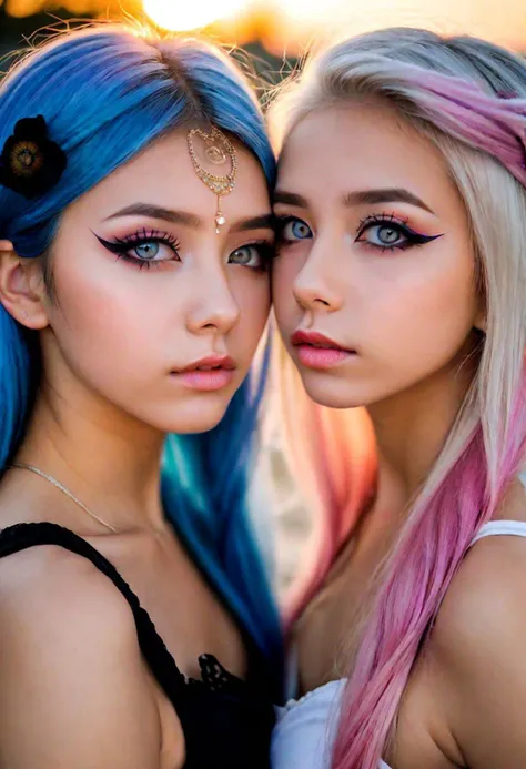 eyes close up of 2 girls,l cosplay, 18 years old, strong eyeliner and makeup, fashion photographic, sunset light, kissing each other, 
Extremely detailed hazel eyes, extremely detailed iris, black pupil, extremely detailed full lips,
platinum blonde with b...