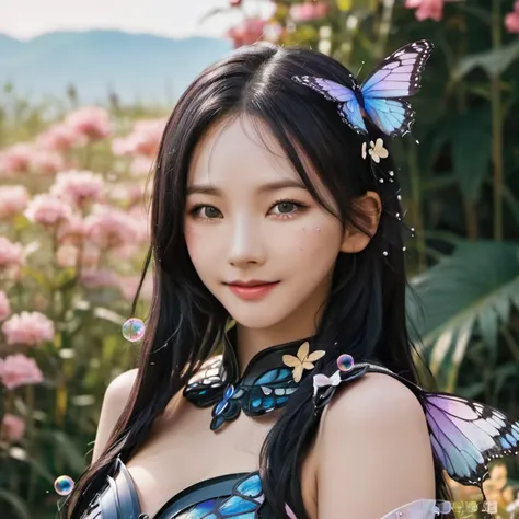 krnpp, black hair, headshot, fantasy armor with butterfly wings, <lora:karina_sdxl_v3-000025:1>, smile, floral background, bubbles around krnpp, cosplay, mole below mouth