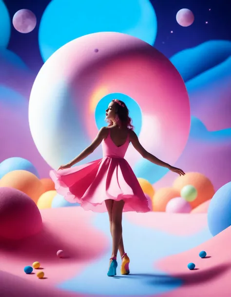 cinematic photograph of a vibrant (candy girl:1.3) dancing on the pale side of the moon