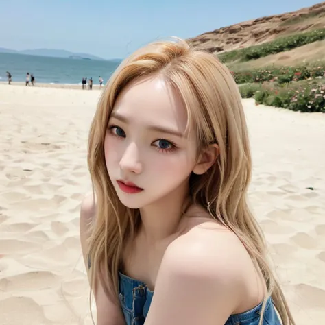 krnpp, long blonde hair, upper body, looking at viewer, bare shoulders, denim dress, head tilt, beach <lora:karina_sdxl_v3-000025:1>