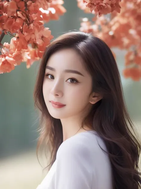 a woman with long hair and a white shirt standing under a tree