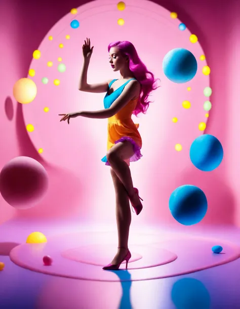 cinematic photograph of a vibrant (candy girl:1.3) dancing on the pale side of the moon