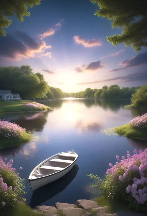 detailed background,( Calm spring night landscape), amongst lush greenery, beautiful view, creeping phlox in full bloom, creeping phlox, early morning, sunrise sky, beautiful clouds, dappled sunlight, outdoor seating, one lamp, Tranquil Lake, Boat on a Lak...