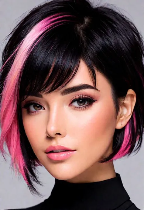 Freefall close up portrait , short black hair with pink highlights in front. black clothes