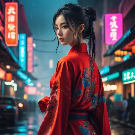 Dynamic angle,(((masterpiece:1 0))),(hyperrealism:1 5),High Detail RAW color Photo,(full body:1 0),Stunning young girl,(korean: 0. 3, Celtic, :0. 3, Romanian:0. 4),wearing a kimono,cheongsam,Oriental Village,Ninja,Assassin,tattoos,wild dark hair,Wavy Cut w...