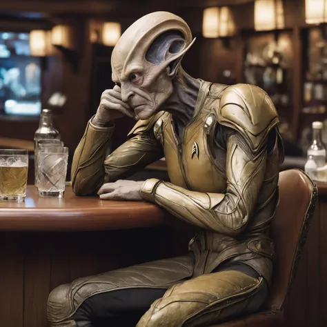 an alien from the movie "star trek" is slouched over and rests his head on his arms in a bar staring down and to the side at a beverage he cannot drink, sadness and despair have overcome him, realistic skin texture and wrinkles, wearing an alien military u...