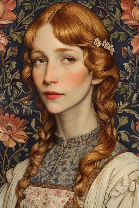 a painting of a woman with long red hair and a flowered dress