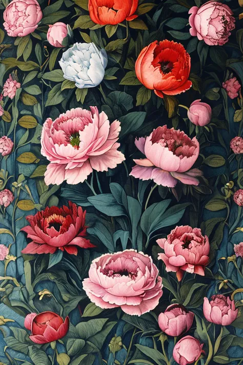 a close up of a painting of flowers on a wall