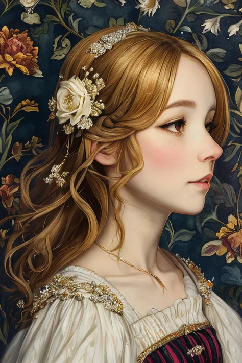 a painting of a girl with long hair and a flower in her hair