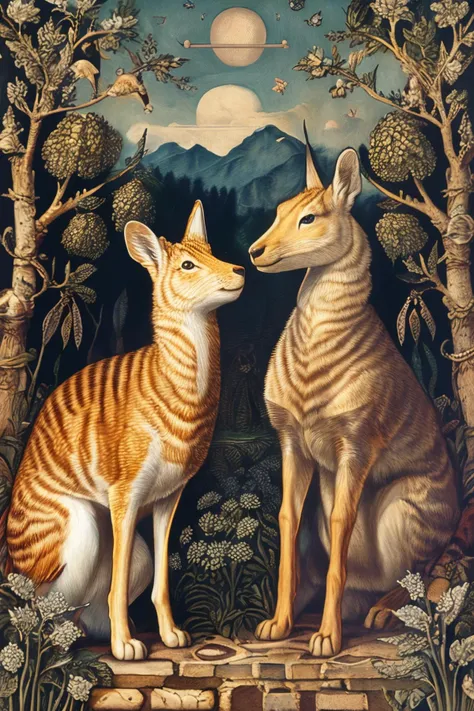 painting of two cats and a deer in a forest with a full moon