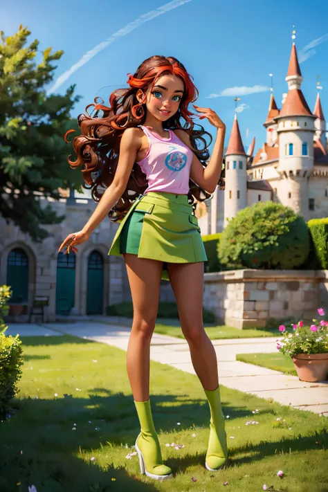 Aisha,dark skin, curly hair, long brown hair, red strips in hair, green eyes,pink tank top, green skirt, looking at viewer, smiling, full body shot, outside, garden, castle, blue sky, high quality, masterpiece, <lora:WinxClubLaylaAisha:.8>