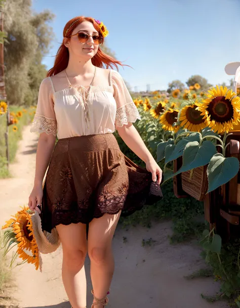 VioletMonroe, woman, (to8contrast style), standing, Embroidered tunic duster coat tiered skirts, lace up mules embroidered sunflowers, crochet lace headband, casablanca sunglasses, wild sun-weathered hair, daisy chain garlands, sun-weathered carefree dream...