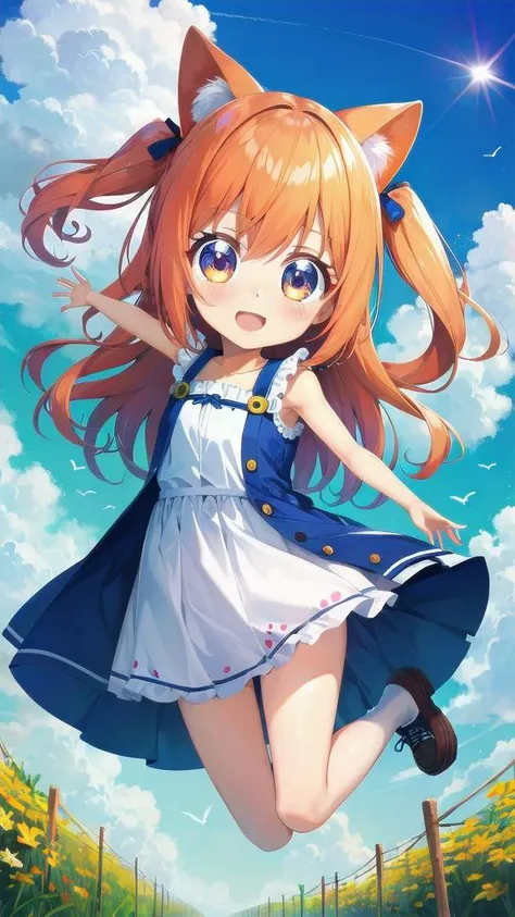 a girl in a dress and cat ears is jumping in the air