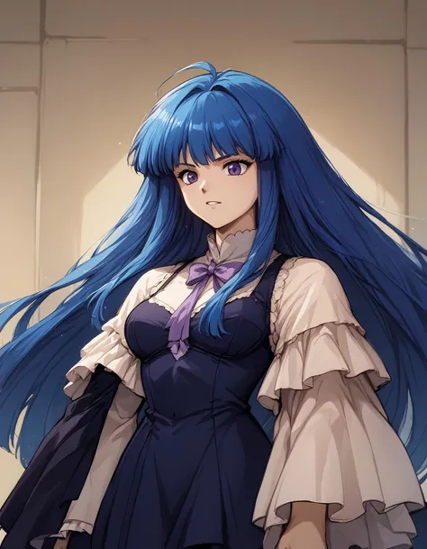 a close up of a person with long blue hair and a dress