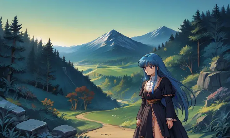 anime girl in a long dress standing on a path in a mountain valley