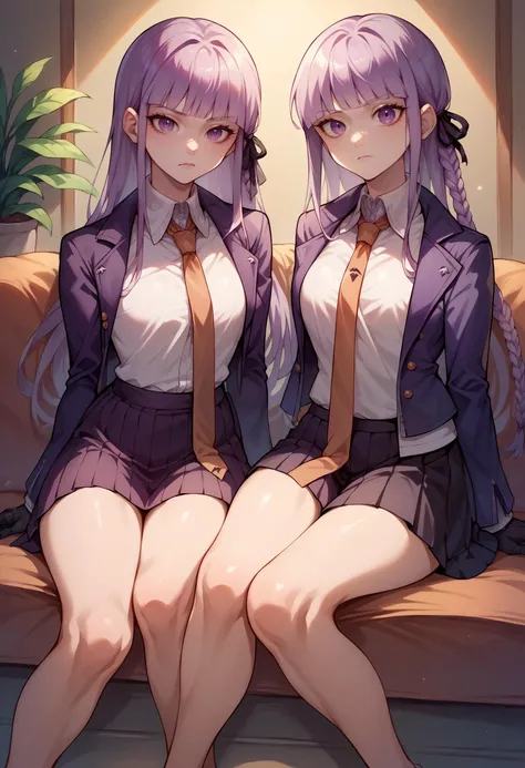 score_9, score_8_up, score_7_up, score_6_up, 1girl, Kyoko, purple eyes, purple hair, long hair, braid, black gloves, purple jacket, purple skirt, brown necktie, white shirt,<lora:KyokoPXL:1> sitting parallel to the camera, hand on knee