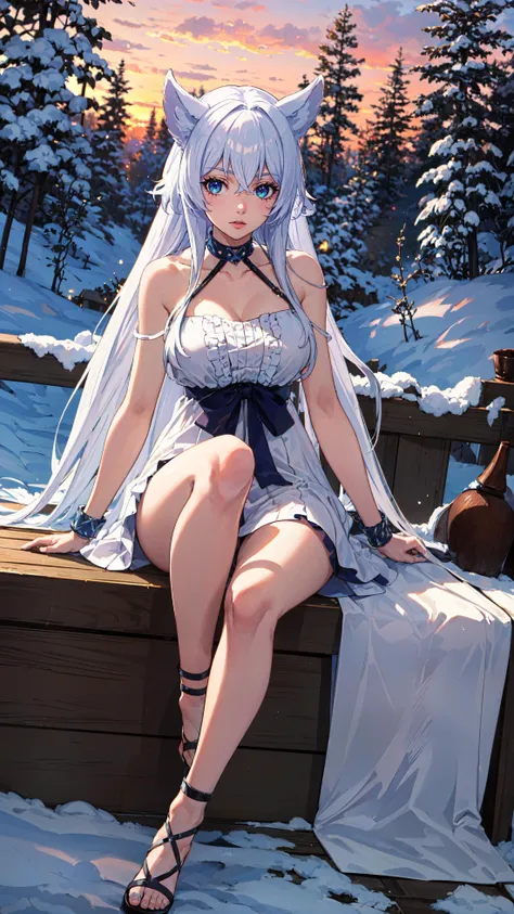 anime girl sitting on a bench in the snow with a cat ears