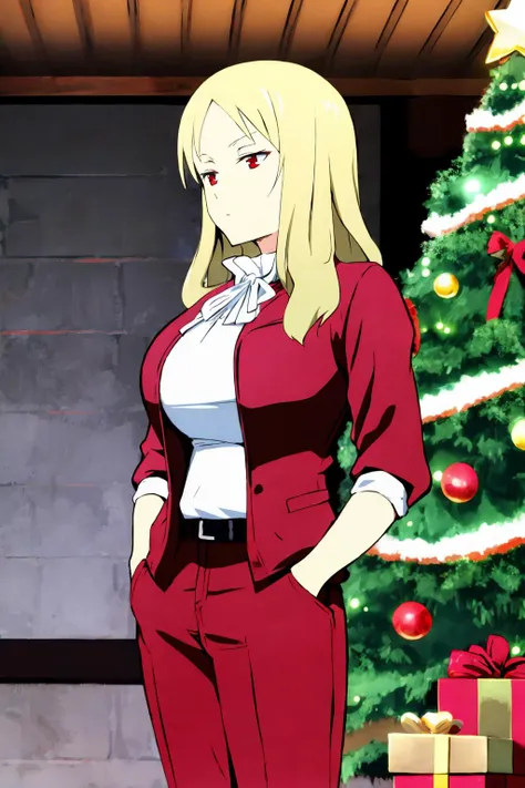 anime girl in red suit standing in front of christmas tree