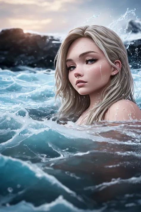 a photo of a hot S015_NatAlynLind, bathing in a freezing (wake:1.2), ice, (only head above water:1.2), (8k, RAW photo, 85mm, DOF, best quality, ultra high res, photorealistic, masterpiece, ultra-detailed, Unreal Engine)