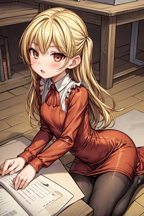 (masterpiece, best quality), 1girl, blonde hair, red dress, pantyhose, cute face, blush, <lora:add_detail:1>