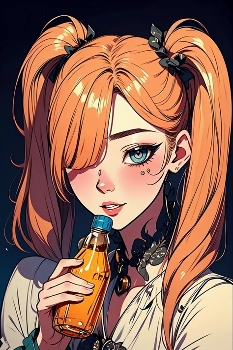 (best quality, masterpiece, Insane Details),extremely detailed CG,1girl,beautiful detailed face,make up,beautiful detailed eyes,beautiful detailed hair,contemporary,Happy Halloween,Spinning,holding_bottle,Par lighting,twintails,drill hair,hair over one eye...