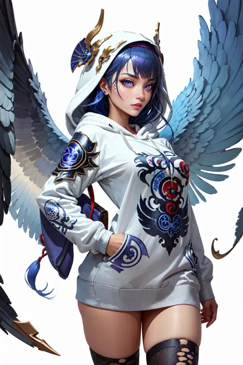 Highly detailed, High Quality, Masterpiece, beautiful, hoodie, wearing [walkure_armor, viking|hoodie], WINGS, viking, hoodie, [woman|walkure], <lora:Outfit_HoodiesValkyrie:0.9>, Raiden_Shogun_(genshin impact), Raiden_Shogun:1.2, blue hair, long hair, <lora...