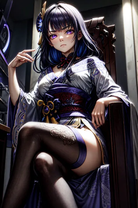 masterpiece,high quality,best quality,4k,super detailed,4k,focus sharp,1girl,Raiden_Shogun_(genshin impact),purple hair, long hair,purple eyes,kimono,serious expression,angry expression,glowing eyes,shadow in eyes,sit, sit in throne,crossed legs,dark room,...