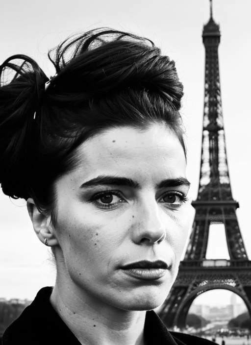 portrait of sks woman in paris, eiffel tower in the background, by Flora Borsi, style by Flora Borsi, bold, bright colours, ((Flora Borsi)), by Gerda Taro, <lora:locon_angelatrimbur_v1_from_v1_64_32:1>