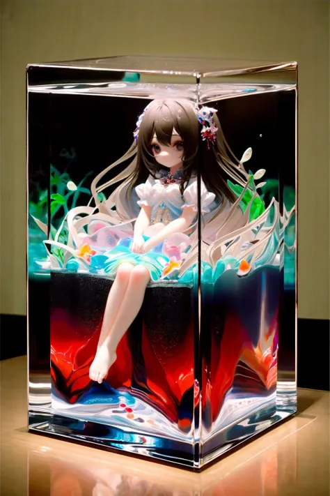 a close up of a glass box with a doll in it