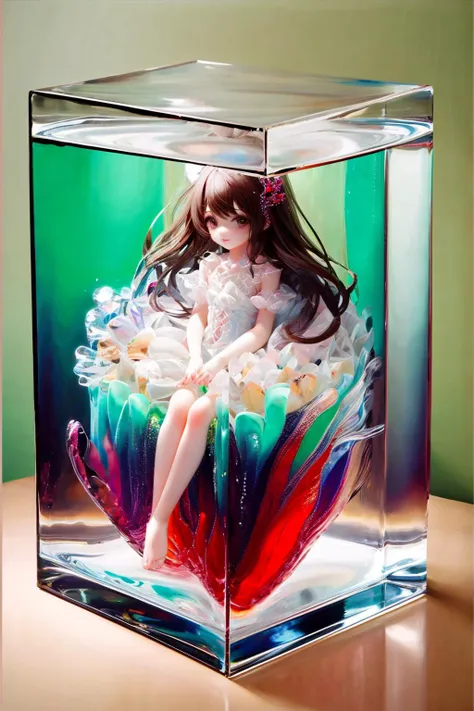 a close up of a doll sitting in a glass container