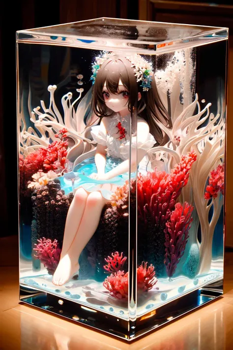 anime figurine of a girl sitting in a glass box