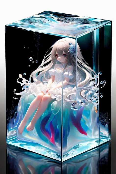 a close up of a doll in a glass box with water