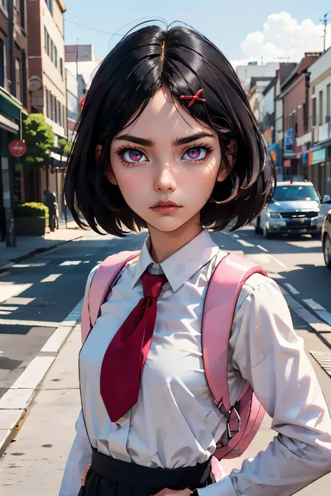 misako (rcg), pink eyes, white shirt, shirt tucked in, red necktie, long sleeves, pink backpack looking at viewer, serious, angry, portrait, outside, city, blue sky, extreme detail, masterpiece, <lora:rcg_misako:.8>