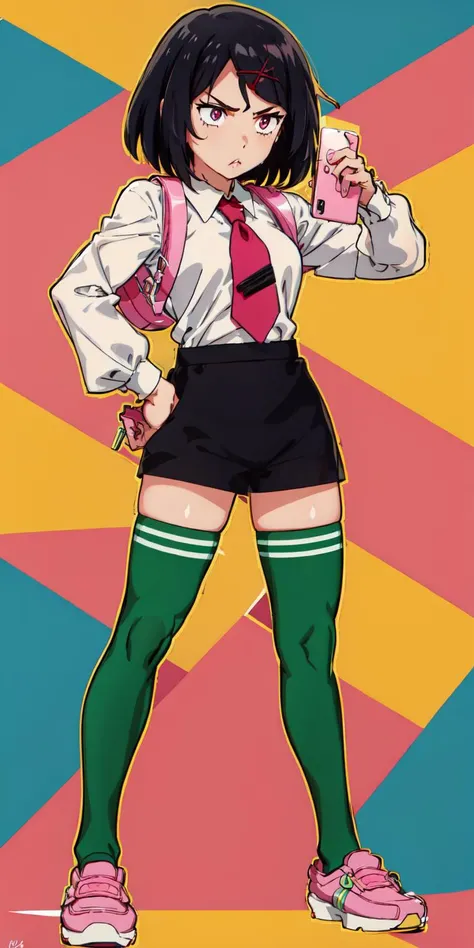 (masterpiece, best quality:1.2), <lora:rcg_misako-10:0.8>, full body, solo, 1girl, misako (rcg), angry, holding phone, white shirt, shirt tucked in, long sleeves, necktie, black shorts, green thighhighs, pink footwear, pink backpack