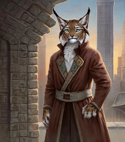 high res, detailed, safe, by caraid, by deyvarah, anthro, lynx, solo, smug, coat, pants, detailed background, city, fantasy