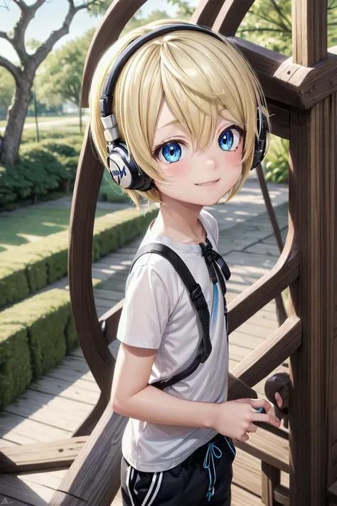 (1boy:1.4), looking at viewer, hair between eyes, highlight in eyes, male focus,
crew cut, (blonde hair), blue eyes, ((masterpiece)), (blue headphones:1.4),long pants,
multiple details, sky, forest, handsome, medium close up, (t shirt:1,4),
beautiful eyes,...