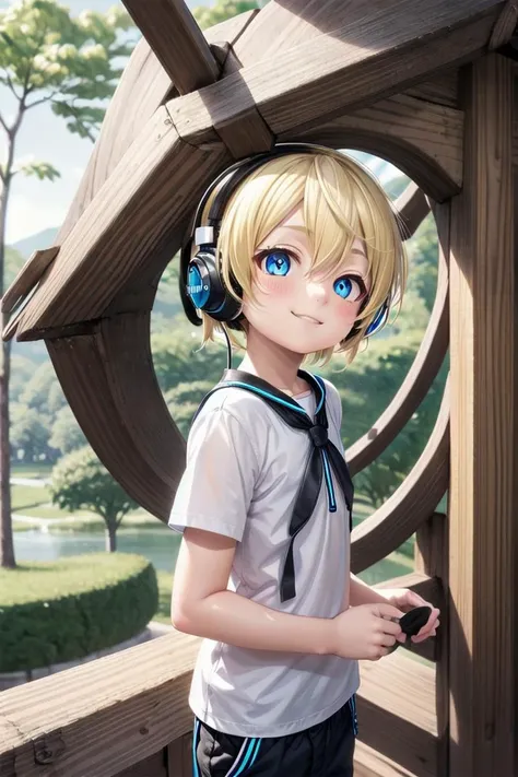 (1boy:1.4), looking at viewer, hair between eyes, highlight in eyes, male focus,
crew cut, (blonde hair), blue eyes, ((masterpiece)), (blue headphones:1.4),long pants,
multiple details, sky, forest, handsome, medium close up, (t shirt:1,4),
beautiful eyes,...