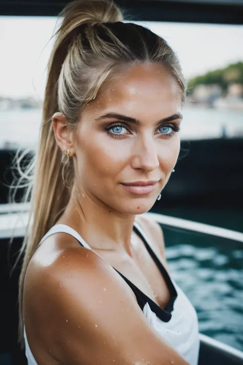 RAW, real photo portrait, smp, on a boat, (wearing a wet black t-shirt), pretty face, insanely detailed eyes, light blonde hair, high ponytail, bokeh, natural light, depth of field, golden hour, sharp focus,<lyco:SophieMoulds-RealVision-V1.0:1.0>