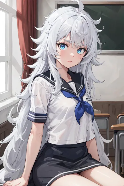 masterpiece, best quality, highres, 1girl, solo, long hair, blue eyes, white hair, messy hair, <lora:poli_(nikke)_v1:0.6>, school uniform, white shirt, black skirt, sailor collar,