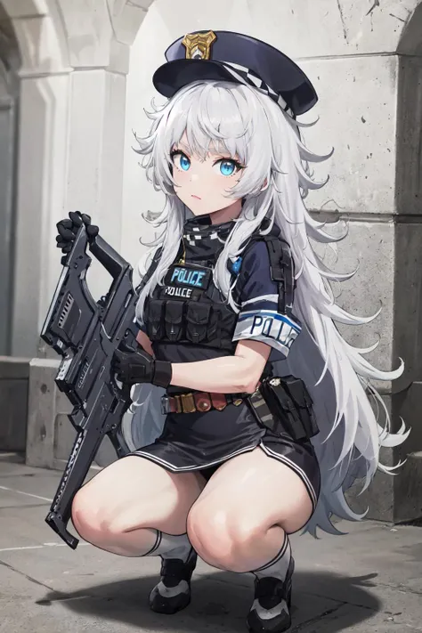 masterpiece, best quality, highres, 1girl, solo, long hair, hat, blue eyes, white hair, messy hair, black gloves, white socks, police uniform, black skirt, short sleeves, <lora:poli_(nikke)_v1:0.6>, cowboy shot, holding weapon, rifie, squatting,